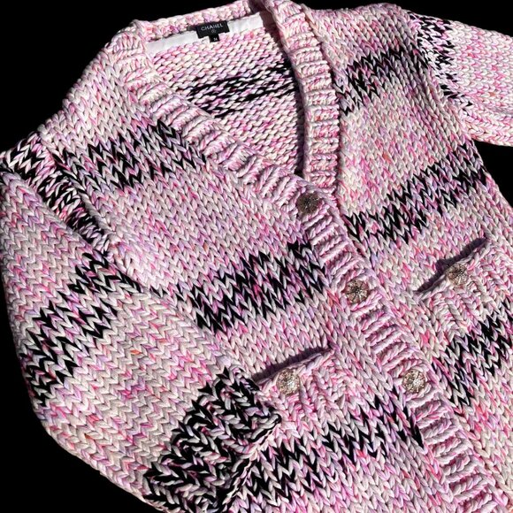 CHANEL Chunky Cable Knit Cotton Cardigan Sweater Jacket Pink Black Size 36 L XL - Picture 5 of 14
